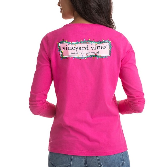 Vineyard Vines Hot Pink Christmas Lights Logo Long Sleeve Pocket Tee T-Shirt - Picture 4 of 7